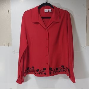 Vintage 80s Ship 'n Shore Women's Red Blouse with Black Embroidery sz16